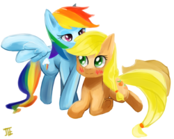 Size: 1500x1200 | Tagged: dead source, safe, artist:jesrartes, applejack, rainbow dash, earth pony, pegasus, pony, g4, blushing, crossed hooves, female, lesbian, mare, ship:appledash, shipping, simple background, transparent background, whispering