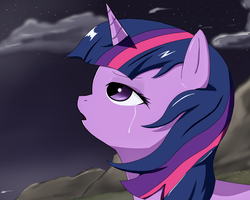 Size: 1280x1024 | Tagged: dead source, safe, artist:mrstufflebeam, twilight sparkle, pony, unicorn, g4, crying, female, looking up, mare, night, profile, sad, solo