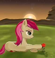 Size: 1430x1524 | Tagged: dead source, safe, artist:mrstufflebeam, roseluck, earth pony, pony, g4, crying, female, flower, mare, photoshop, prone, rose, solo, sun