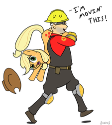 Size: 1280x1424 | Tagged: dead source, safe, artist:mrstufflebeam, applejack, earth pony, human, pony, g4, carrying, crossover, engineer, engineer (tf2), female, holding a pony, male, mare, simple background, team fortress 2, white background