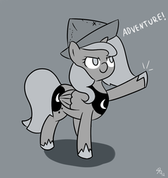 Size: 850x900 | Tagged: dead source, safe, artist:mrstufflebeam, princess luna, alicorn, pony, moonstuck, g4, cartographer's cap, cute, female, filly, grayscale, hat, monochrome, no pupils, raised hoof, simple background, solo, woona