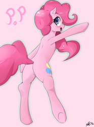 Size: 610x820 | Tagged: dead source, safe, artist:mrstufflebeam, pinkie pie, earth pony, pony, g4, balloonbutt, bipedal, blushing, butt, dancing, featureless crotch, female, mare, plot, simple background, solo