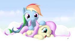 Size: 1920x1080 | Tagged: safe, artist:zlack3r, fluttershy, rainbow dash, pegasus, pony, g4, cloud, duo, female, floppy ears, grooming, happy, lying on a cloud, mane bite, mare, mouth hold, on a cloud, one eye closed, open mouth, wallpaper, wings