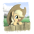 Size: 1200x1200 | Tagged: safe, artist:zlack3r, applejack, earth pony, pony, g4, applejack's hat, cloud, cloudy, cottagecore, cowboy hat, cute, featured image, female, fence, filly, filly applejack, foal, happy, hat, jackabetes, leaning, mountain, open mouth, oversized hat, smiling, solo, tree, younger