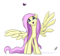 Size: 869x811 | Tagged: safe, artist:zlack3r, fluttershy, butterfly, pegasus, pony, g4, female, gimp, happy, looking up, mare, simple background, solo, spread wings, white background, wings