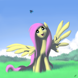 Size: 1770x1770 | Tagged: safe, artist:zlack3r, fluttershy, butterfly, pegasus, pony, g4, blue sky, cloud, day, digital painting, female, grass, happy, looking up, mare, mypaint, open mouth, open smile, outdoors, signature, smiling, solo, spread wings, wings