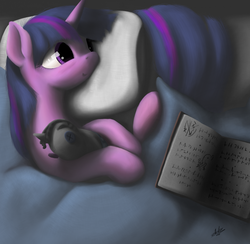Size: 828x809 | Tagged: safe, artist:zlack3r, smarty pants, twilight sparkle, pony, unicorn, g4, bed, book, female, gimp, mare, on back, pillow, solo