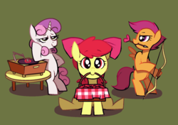 Size: 1280x900 | Tagged: safe, artist:karzahnii, apple bloom, scootaloo, sweetie belle, earth pony, pegasus, pony, unicorn, g4, arrow, bipedal, bow (weapon), bow and arrow, cutie mark crusaders, female, filly, looking at you, mouth hold, phonograph, picnic, puppy dog eyes, record, record player, simple background, sitting, trio