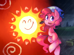 Size: 1400x1050 | Tagged: safe, artist:karzahnii, pinkie pie, earth pony, pony, a friend in deed, g4, alternate hairstyle, bandana, barn, bright, female, happy, mare, mouth hold, paint, paintbrush, painting, rain, smiling, solo, sun