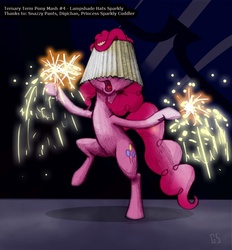 Size: 881x950 | Tagged: safe, artist:gsphere, pinkie pie, earth pony, pony, g4, bipedal, dancing, female, fireworks, lampshade, mare, party, photoshop, solo, sparkler (firework)