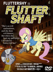 Size: 1280x1711 | Tagged: safe, artist:gsphere, fluttershy, zecora, pegasus, pony, zebra, g4, afro, crossover, flutterguy, gun, moustache, movie poster, parody, photoshop, poster, samuel l jackson, shaft, weapon