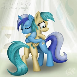 Size: 1100x1100 | Tagged: safe, artist:gsphere, minuette, sunshower raindrops, pegasus, pony, unicorn, g4, bipedal, butt, crying, cutie mark background, female, happy, hug, mare, photoshop, plot, tears of joy