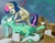 Size: 1200x931 | Tagged: safe, artist:gsphere, bon bon, lyra heartstrings, sweetie drops, earth pony, pony, unicorn, g4, artifact, boxes, butt, console, consoling, context is for the weak, duo, eye contact, fat, feeder, feeder bon bon, feeding, female, first fat picture on derpibooru, force feeding, heart, lesbian, lyra feedee, mare, not salmon, object stuffing, object vore, on back, open mouth, parody, photoshop, plot, red ring of death, ship:lyrabon, shipping, smiling, stuffing, wat, wide eyes, xbox, xbox 360