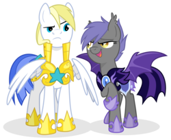 Size: 3800x3100 | Tagged: safe, artist:equestria-prevails, oc, oc only, oc:cloud skipper, oc:midnight blossom, bat pony, pegasus, pony, g4, 2012, armor, cloudblossom, cute, duo, female, guardsmare, high res, male, mare, night guard, royal guard, show accurate, simple background, stallion, transparent background