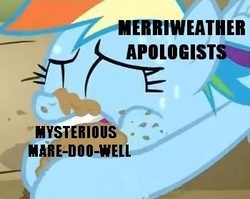 Size: 350x278 | Tagged: safe, edit, edited screencap, screencap, mare do well, rainbow dash, pegasus, pony, g4, the super speedy cider squeezy 6000, caption, cider, dirt, eating, female, image macro, mare, meme, merriwether hate, merriwether williams, op is a duck, op is trying to start shit, solo, text