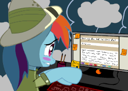 Size: 700x500 | Tagged: dead source, safe, artist:tiarawhy, daring do, rainbow dash, pegasus, pony, g4, animated, blinking, blush sticker, blushing, clopfic, clothes, cloud, computer, cosplay, costume, cup, email, fanfic, female, fimfiction, first daring do image on derpibooru, gif, hat, hilarious in hindsight, implied lesbian, keyboard, lip bite, mare, pc, safari hat, self shipping, solo, sticky note, technology, tumblr, typing, writing