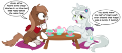 Size: 1950x850 | Tagged: safe, artist:equestria-prevails, opalescence, winona, earth pony, pony, unicorn, g4, alternate universe, bandana, bow, coat markings, duo, female, hair bow, implied angel bunny, mare, pet, pillow, ponified, ponified pony pets, simple background, sitting, socks (coat markings), species swap, table, tea, teacup, teapot, transparent background