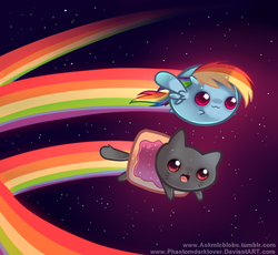 Size: 749x690 | Tagged: dead source, safe, artist:pekou, rainbow dash, pegasus, pony, ask my little chubbies, g4, :3, chubbie, crossover, cute, dashabetes, double rainbow, female, flying, mare, nyan cat, nyan dash, open mouth, open smile, rainbow, rainbow trail, smiling, space, stars