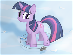 Size: 2000x1500 | Tagged: safe, artist:stinkehund, twilight sparkle, pony, unicorn, g4, adobe imageready, at-at, cable, confused, crossover, cute, female, frown, giant pony, giantess, hoth, looking down, macro, mare, snow, snowspeeder, solo, star wars, unicorn twilight, walker, wat, worried