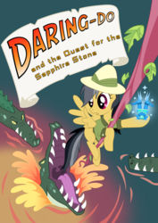 Size: 1437x2032 | Tagged: dead source, safe, artist:the-orator, daring do, crocodile, pegasus, pony, reptile, g4, book cover, cover, female, hat, mare, photoshop, pith helmet, sapphire statue, vine, water