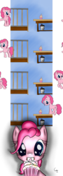 Size: 1200x3340 | Tagged: dead source, safe, artist:caumen, pinkie pie, earth pony, pony, g4, comic, cupcake, eyes on the prize, female, fourth wall, mare, playpen, simple background, solo, transparent background