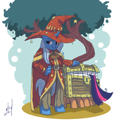 Size: 847x850 | Tagged: safe, artist:atryl, trixie, twilight sparkle, unicorn, anthro, unguligrade anthro, g4, belt, clothes, crossover, discworld, eaten alive, endosoma, female, hat, implied twilight sparkle, mare, photoshop, rincewind, tail sticking out, the luggage, tree, vore, wizard hat, wizzard