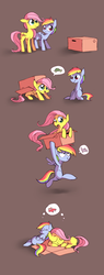 Size: 960x2520 | Tagged: safe, artist:karzahnii, fluttershy, rainbow dash, pegasus, pony, g4, box, brown background, cardboard box, comic, cute, dashabetes, female, filly, filly fluttershy, filly rainbow dash, floppy ears, imagination, playing, pony in a box, shyabetes, simple background, sleeping, younger