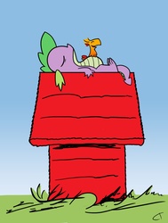 Size: 1327x1754 | Tagged: safe, artist:cybertoaster, peewee, spike, dragon, phoenix, g4, charles m schulz, doghouse, male, on back, peanuts, phoenix chick, photoshop, snoopy, style emulation