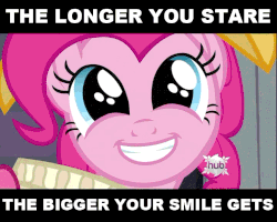 Size: 720x576 | Tagged: dead source, safe, edit, edited screencap, screencap, chancellor puddinghead, pinkie pie, earth pony, pony, g4, hearth's warming eve (episode), season 2, animated, brilliant face, eye shimmer, female, gif, happy, hub logo, image macro, looking at you, mare, meme, smiling, the longer you stare