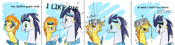 Size: 1300x339 | Tagged: safe, artist:nastylady, soarin', spitfire, owl, pegasus, pony, g4, asdfmovie, coincidence, comic, female, goggles, i like trains, male, mare, meme, o rly, photoshop, pie, pied, stallion, that pony sure does love pies, wat