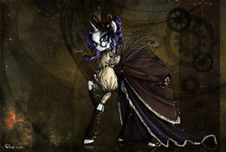 Size: 1000x673 | Tagged: safe, artist:nastylady, rarity, pony, unicorn, g4, abstract background, cigarette, cigarette holder, clothes, dress, female, glasses, hat, mare, photoshop, raised hoof, smoking, solo, steampunk