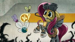 Size: 1920x1080 | Tagged: safe, artist:giantmosquito, fluttershy, parasprite, pegasus, pony, g4, clothes, costume, crossover, crowbar, dr adorable, dr. horrible's sing-along blog, female, half-life, hev suit, mare, mouth hold, solo, wallpaper