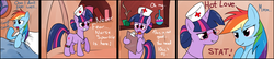 Size: 3636x787 | Tagged: dead source, safe, artist:grumblepluck, rainbow dash, twilight sparkle, pegasus, pony, unicorn, g4, bed, blushing, comic, female, glasses, imminent sex, implied lovemaking, lesbian, mare, nurse, ship:twidash, shipping, unicorn twilight