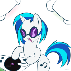 Size: 1500x1500 | Tagged: dead source, safe, artist:grumblepluck, dj pon-3, vinyl scratch, pony, unicorn, g4, female, happy, mare, open mouth, solo, sunglasses, turntable