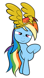 Size: 1765x3121 | Tagged: dead source, safe, artist:grumblepluck, rainbow dash, pegasus, pony, g4, crown, female, looking at you, mare, raised hoof, simple background, smug, solo, white background