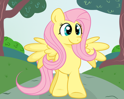 Size: 1500x1200 | Tagged: dead source, safe, artist:grumblepluck, fluttershy, pegasus, pony, g4, female, happy, mare, solo, tree, walking