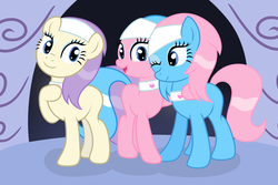 Size: 2400x1600 | Tagged: dead source, safe, artist:grumblepluck, aloe, lotus blossom, vera, earth pony, pony, g4, aloebetes, cute, female, frou frou, lotusbetes, mare, one eye closed, siblings, sisters, spa, spa trio, spa twins, trio, verabetes