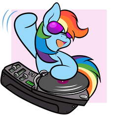 Size: 1200x1120 | Tagged: dead source, safe, artist:grumblepluck, rainbow dash, pegasus, pony, g4, abstract background, disc jockey, female, mare, solo, sunglasses, turntable