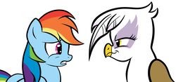 Size: 1576x739 | Tagged: dead source, safe, artist:grumblepluck, gilda, rainbow dash, griffon, pegasus, pony, g4, eye contact, female, looking at each other, mare, simple background, white background, worried