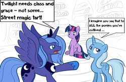 Size: 2445x1600 | Tagged: safe, artist:grumblepluck, princess luna, trixie, twilight sparkle, alicorn, pony, unicorn, g4, argument, artifact, dialogue, female, golden oaks library, immortality blues, lesbian, library, love triangle, mare, open mouth, partial color, pouting, s1 luna, ship:twiluna, ship:twixie, shipping, sitting, unicorn twilight, wayback machine source