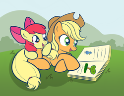 Size: 1890x1470 | Tagged: dead source, safe, artist:grumblepluck, apple bloom, applejack, earth pony, pony, g4, apple sisters, book, duo, female, filly, foal, happy, mare, prone, siblings, sisters