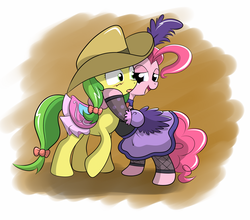 Size: 2012x1774 | Tagged: dead source, safe, artist:grumblepluck, apple fritter, pinkie pie, earth pony, pony, g4, apple family member, blushing, cowboy hat, female, fishnet stockings, fritterpie, hat, hug, lesbian, mare, rarepair, saddle, saloon dress, saloon pinkie, shipping, showgirl, tack, western