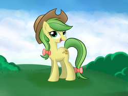 Size: 1600x1200 | Tagged: dead source, safe, artist:grumblepluck, apple fritter, earth pony, pony, g4, apple family member, cowboy hat, female, hat, mare, open mouth, smiling, solo
