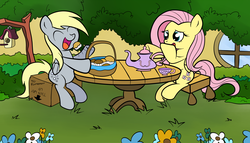 Size: 3500x2000 | Tagged: dead source, safe, artist:grumblepluck, derpy hooves, fluttershy, pegasus, pony, g4, box, chair, cute, derpyshy, duo, eating, female, flower, fluttershy's cottage, giggling, high res, lesbian, mare, muffin, open mouth, shipping, table, tea, tree
