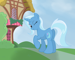 Size: 1242x999 | Tagged: dead source, safe, artist:grumblepluck, trixie, pony, unicorn, g4, butt, female, mare, plot, road, smiling, solo, the great and powerful ass, wink