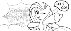 Size: 2000x875 | Tagged: dead source, safe, artist:grumblepluck, fluttershy, pegasus, pony, g4, cloud, female, flying, happy, lineart, mare, monochrome, ponyville, solo, wink