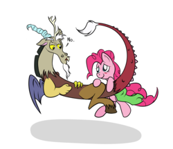 Size: 1370x1181 | Tagged: dead source, safe, artist:grumblepluck, discord, pinkie pie, earth pony, pony, blushing, discopie, eye contact, female, looking at each other, male, mare, photoshop, shipping, simple background, straight, transparent background