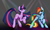 Size: 3800x2300 | Tagged: dead source, safe, artist:grumblepluck, rainbow dash, twilight sparkle, pegasus, pony, unicorn, g4, dancing, duo, eyes closed, female, glowstick, high res, lesbian, magic, mare, rave, ship:twidash, shipping, sunglasses, unicorn twilight, whistle