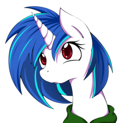 Size: 1998x2030 | Tagged: dead source, safe, artist:grumblepluck, dj pon-3, vinyl scratch, pony, unicorn, g4, bust, clothes, female, hoodie, mare, portrait, red eyes, simple background, solo, transparent background, wrong eye color