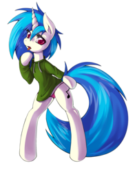 Size: 2316x2913 | Tagged: dead source, safe, artist:grumblepluck, dj pon-3, vinyl scratch, pony, unicorn, g4, bipedal, clothes, colored pupils, female, high res, hoodie, mare, panties, pink panties, pink underwear, red eyes, simple background, solo, sweater, tongue out, transparent background, underwear, wrong eye color
